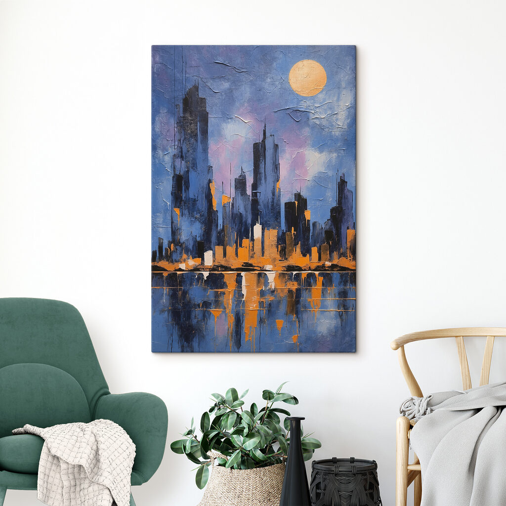 A painting of a city skyline
