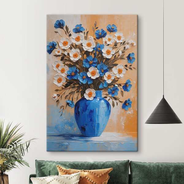 A painting of flowers in a blue vase