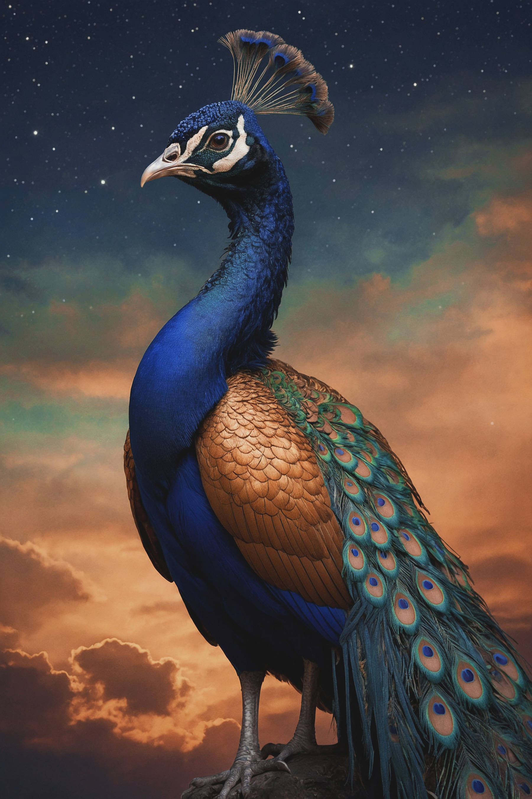 A peacock standing in front of a cloudy sky A peacock standing in front of a cloudy sky