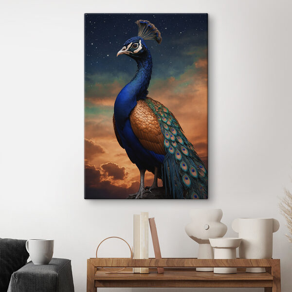 A peacock standing in front of a cloudy sky A peacock standing in front of a cloudy sky