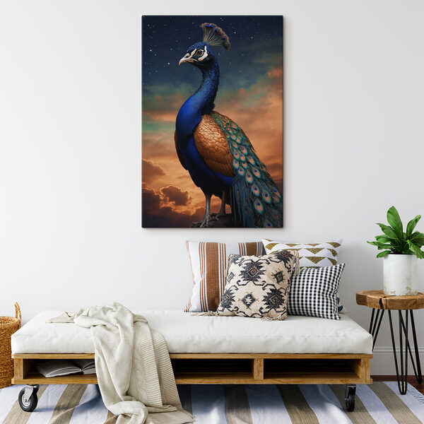 A peacock standing in front of a cloudy sky A peacock standing in front of a cloudy sky