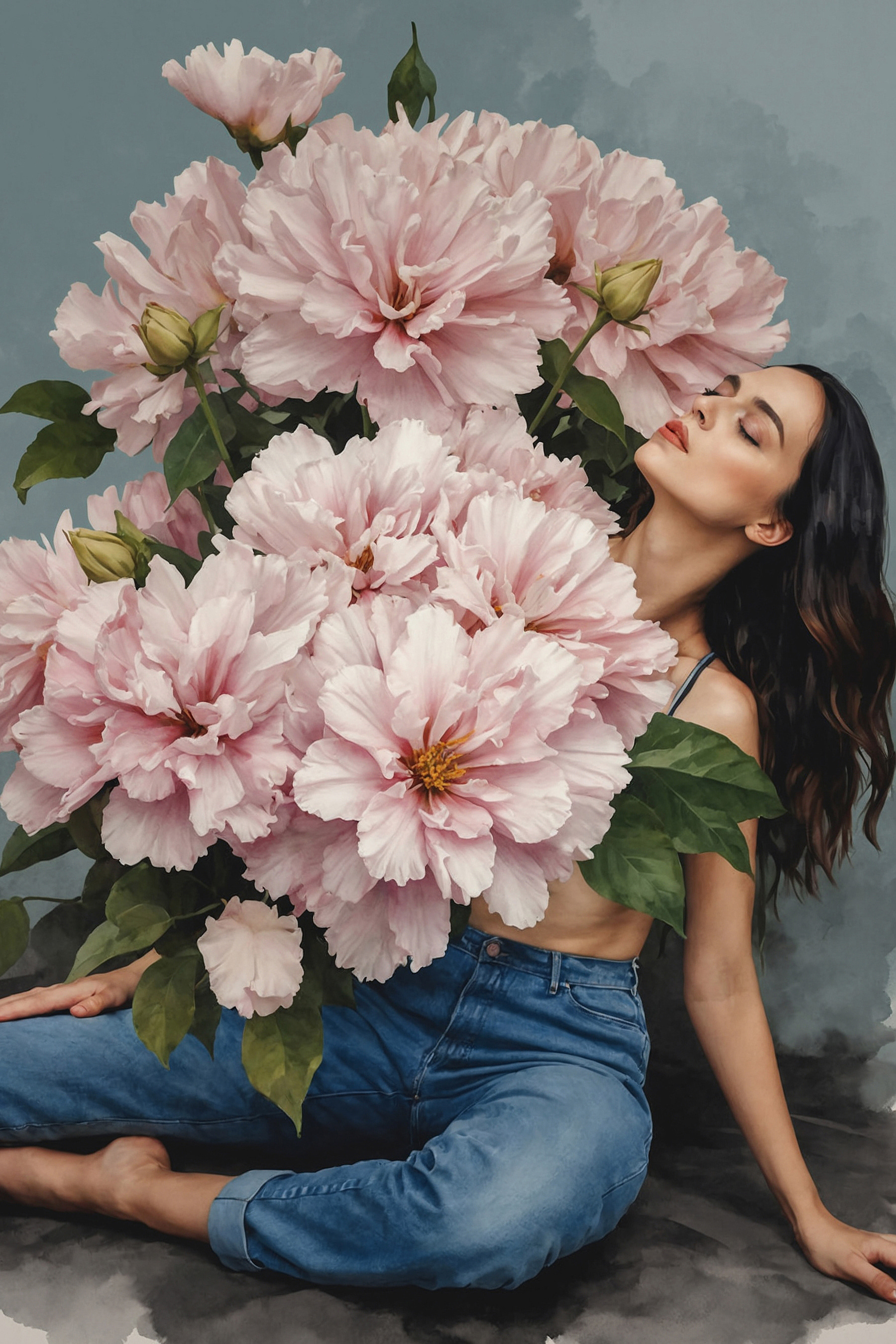 A woman sitting on a floor with a large bouquet of flowers A woman sitting on a floor with a large bouquet of flowers