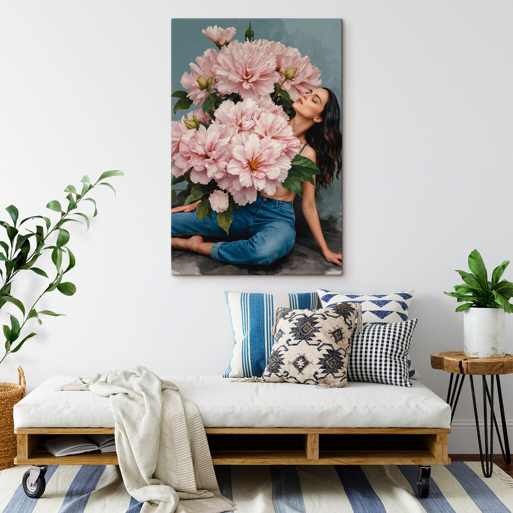 A woman sitting on a floor with a large bouquet of flowers A woman sitting on a floor with a large bouquet of flowers