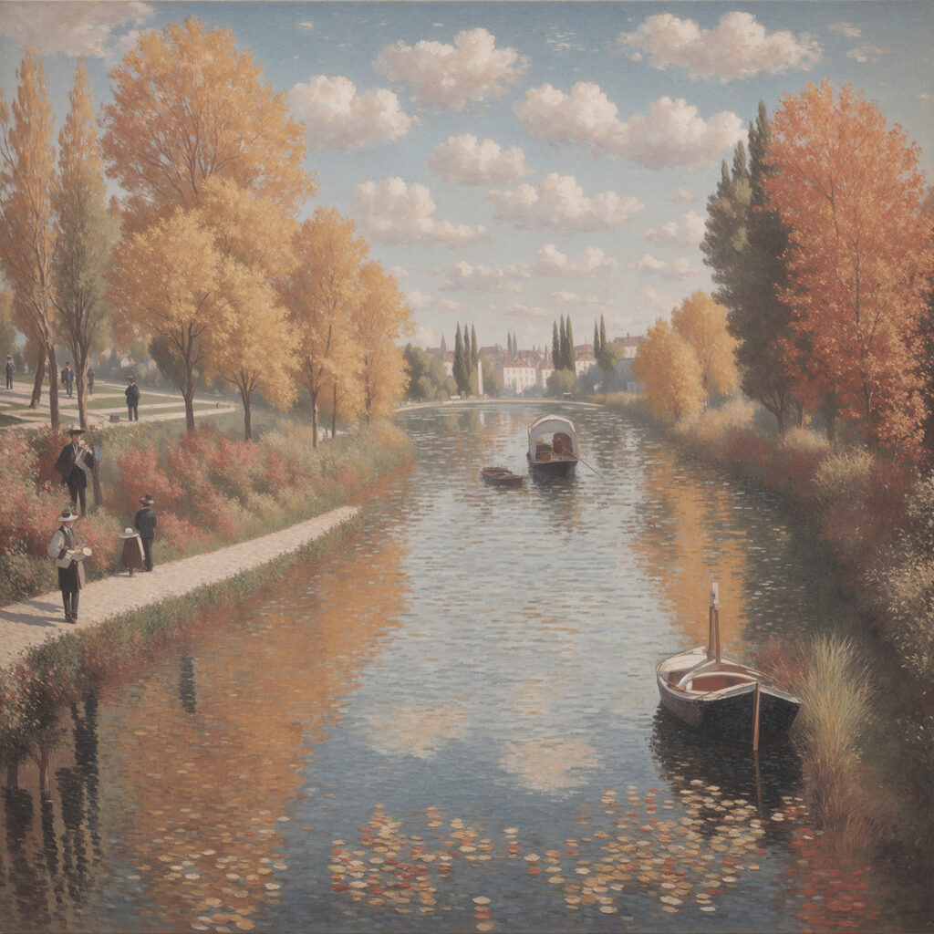 A painting of a river with boats and people on it A painting of a river with boats and people on it