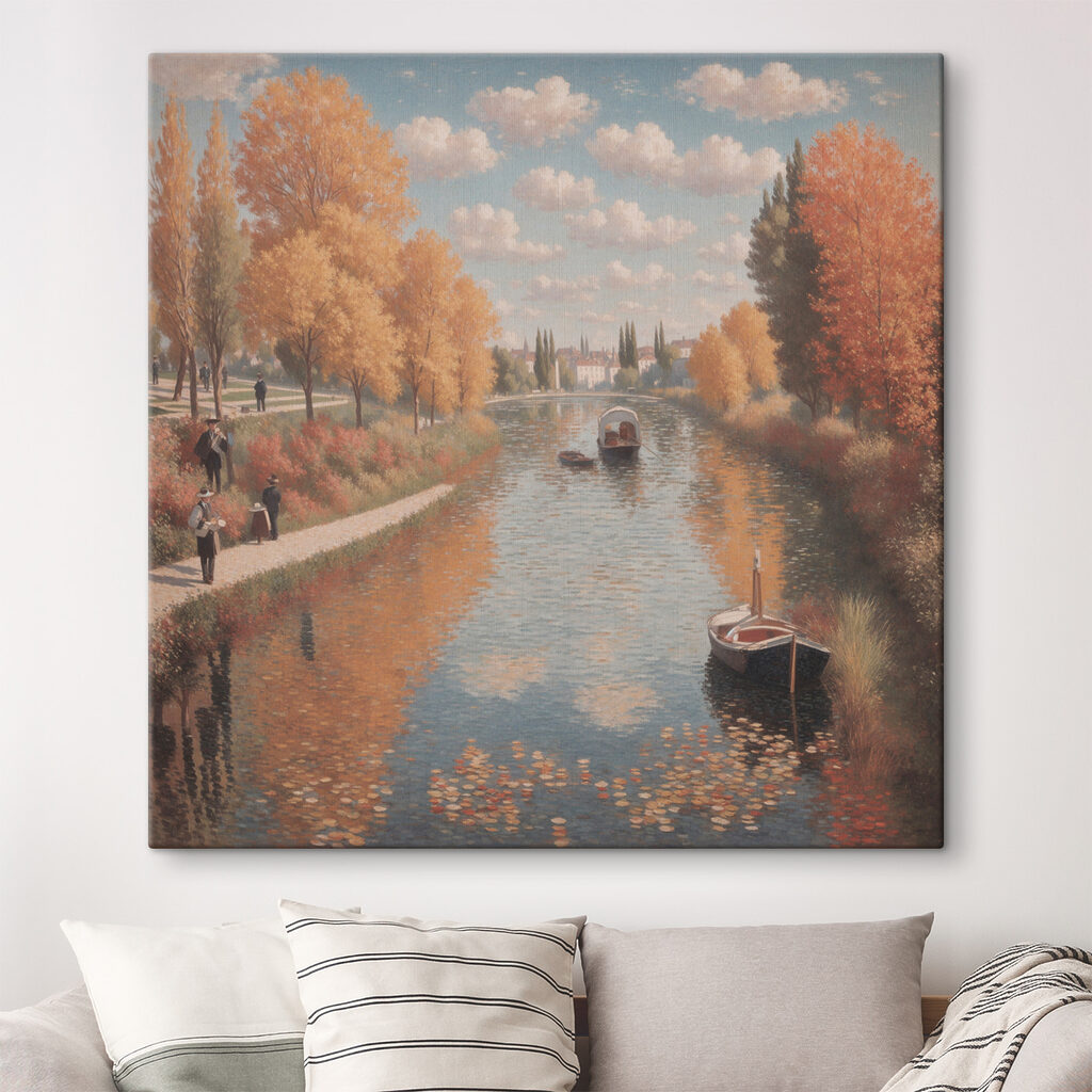 A painting of a river with boats and people on it A painting of a river with boats and people on it