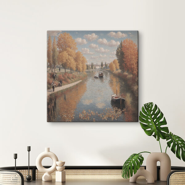 A painting of a river with boats and people on it A painting of a river with boats and people on it