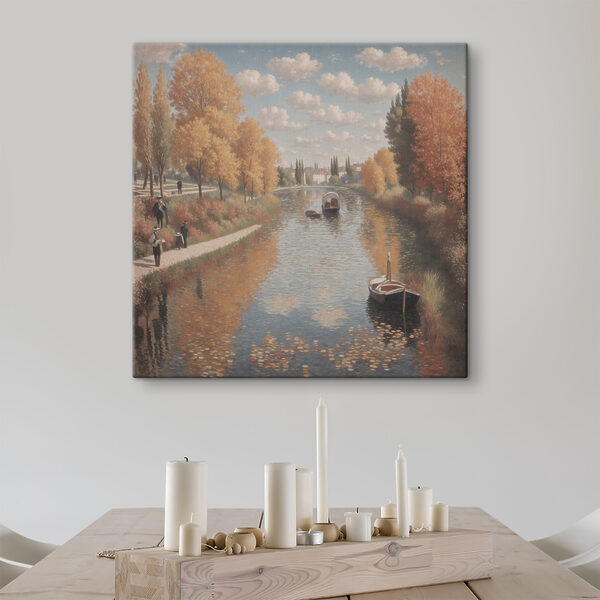 A painting of a river with boats and people on it A painting of a river with boats and people on it