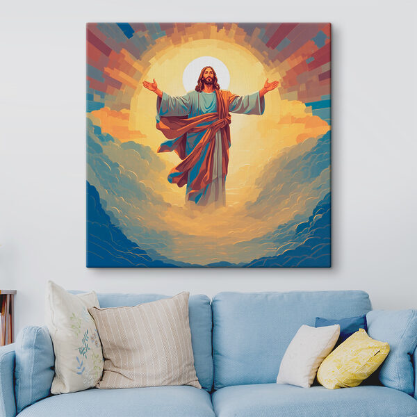 A painting of a man in a robe with his arms out in the air