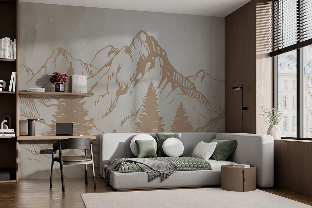 A drawing of mountains and trees