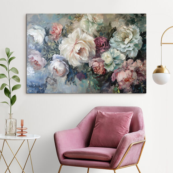 A painting of flowers on a blue background