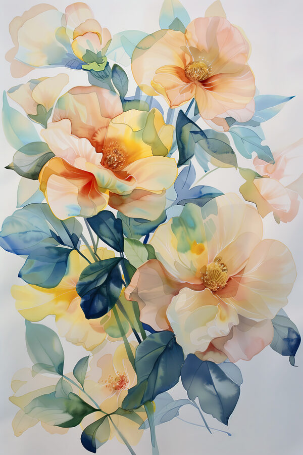 A painting of flowers and leaves