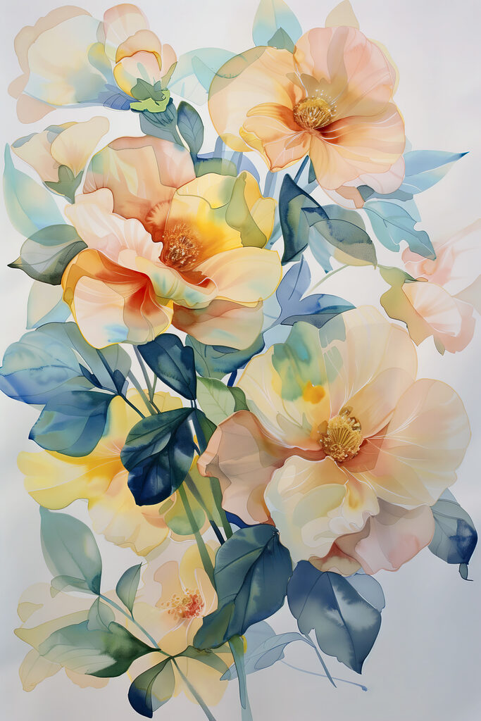 A painting of flowers and leaves