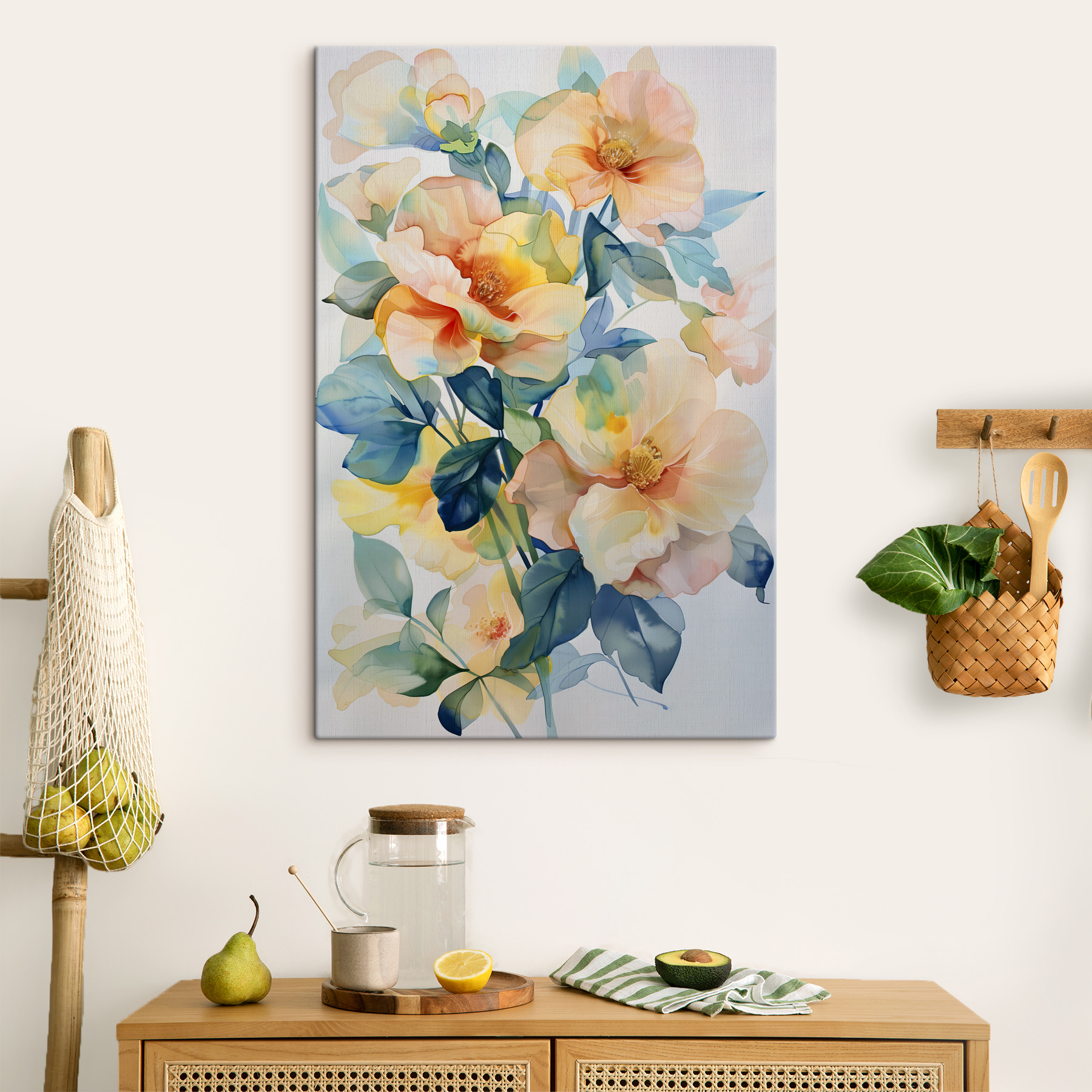 A painting of flowers and leaves