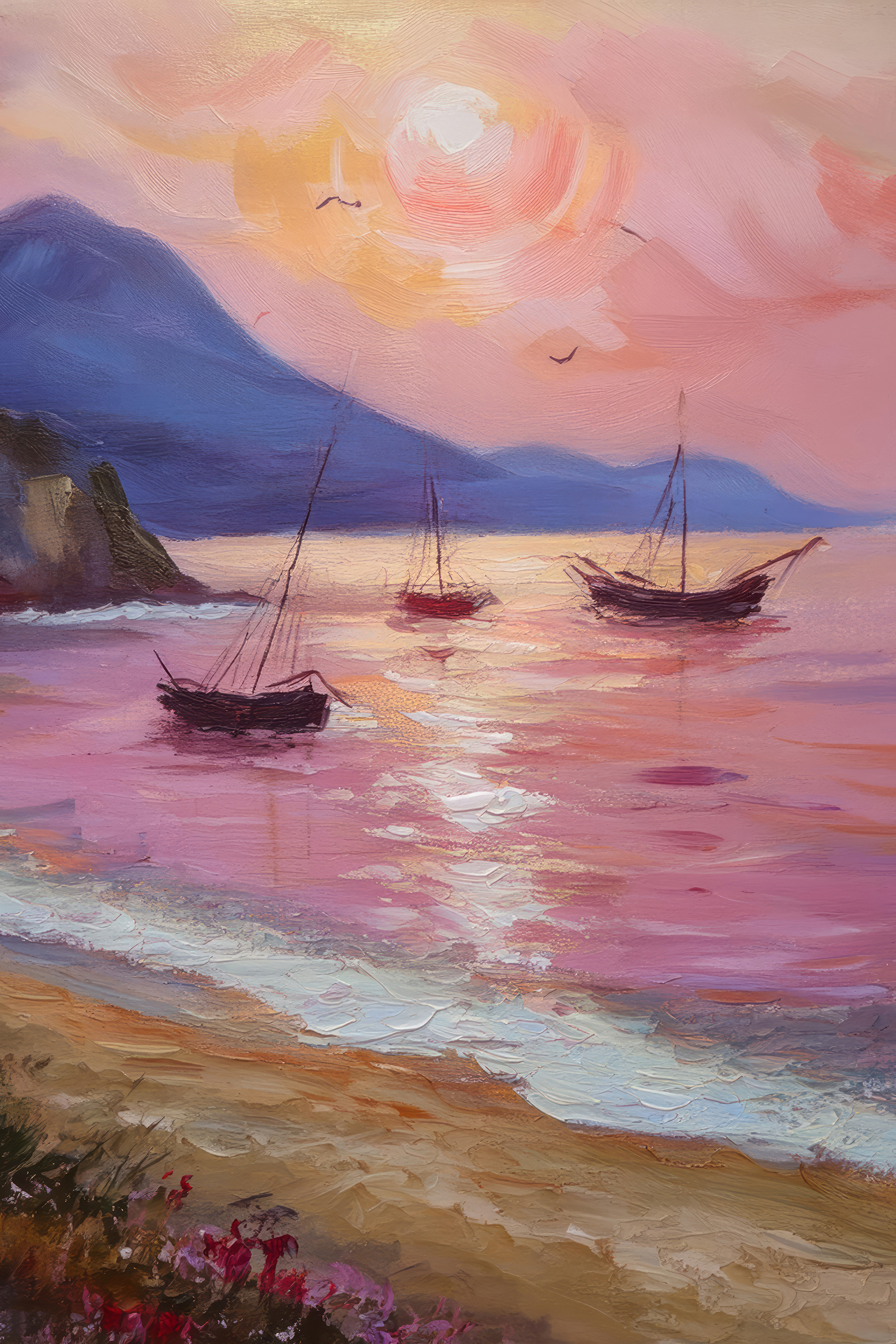 A painting of boats in the water A painting of boats in the water