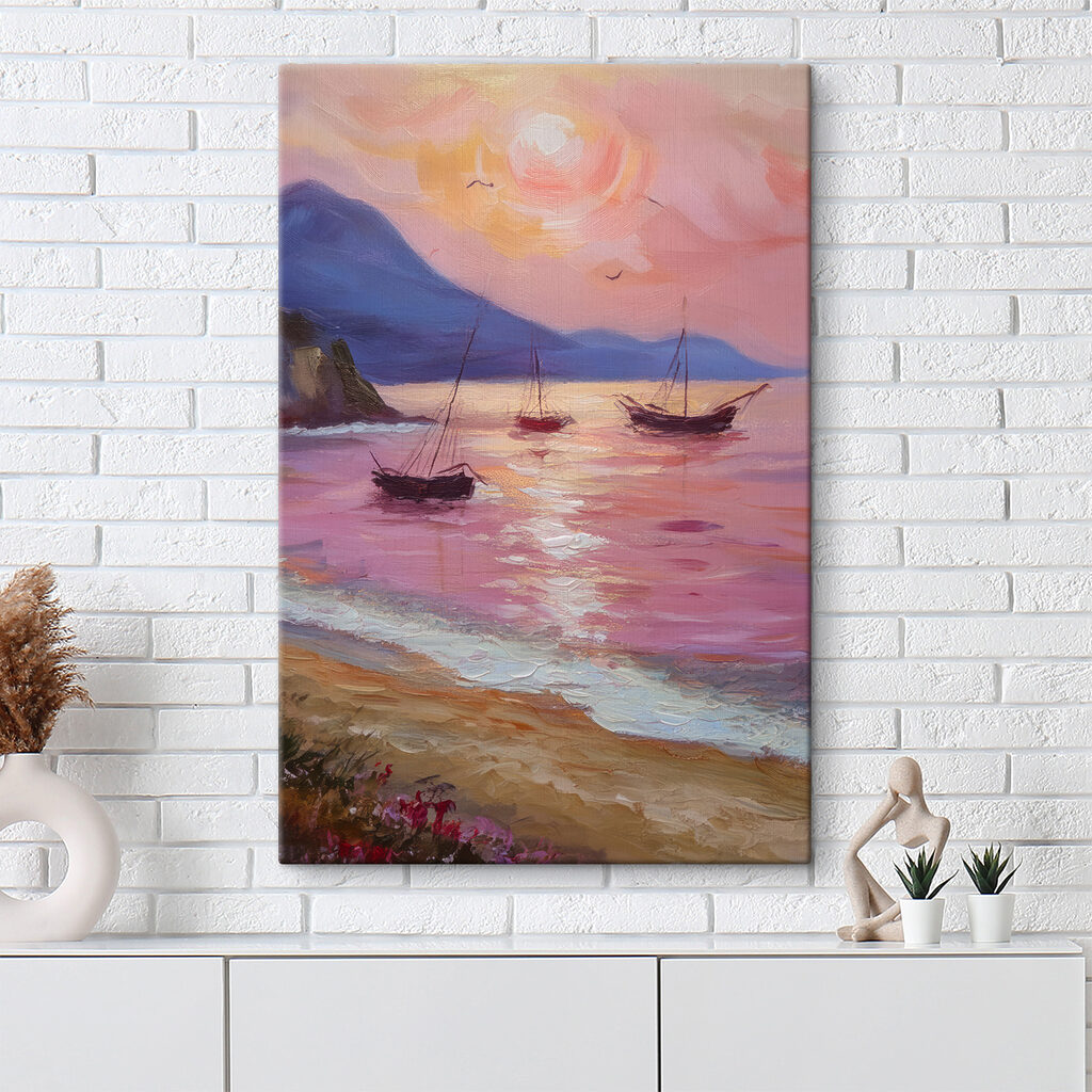 A painting of boats in the water A painting of boats in the water