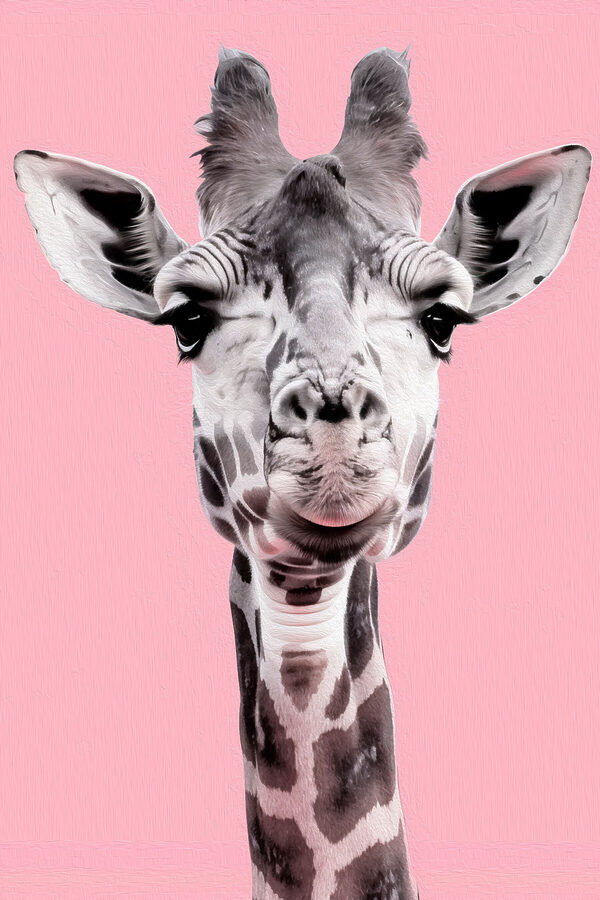 A giraffe with a pink background