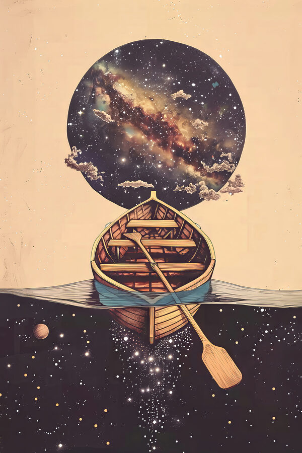 A boat in water with a circle in the background A boat in water with a circle in the background