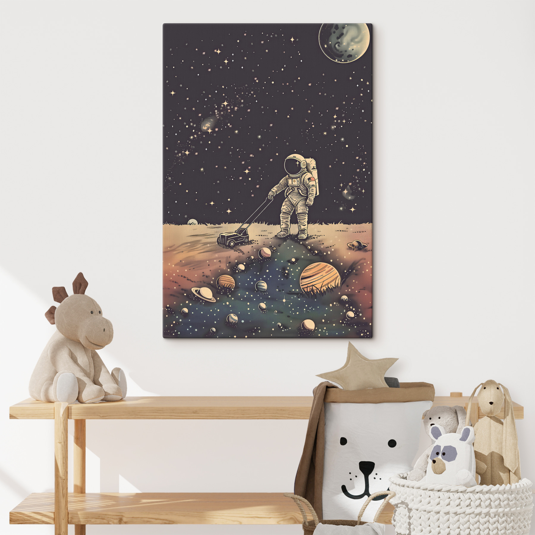 A astronaut pulling a lawnmower in space A astronaut pulling a lawnmower in space