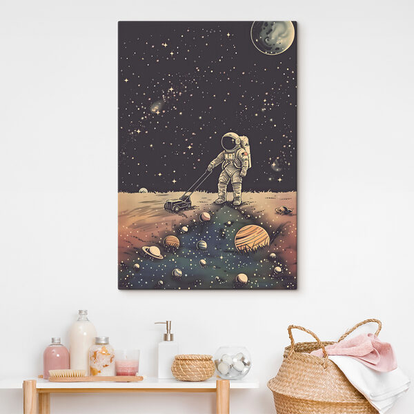 A astronaut pulling a lawnmower in space A astronaut pulling a lawnmower in space