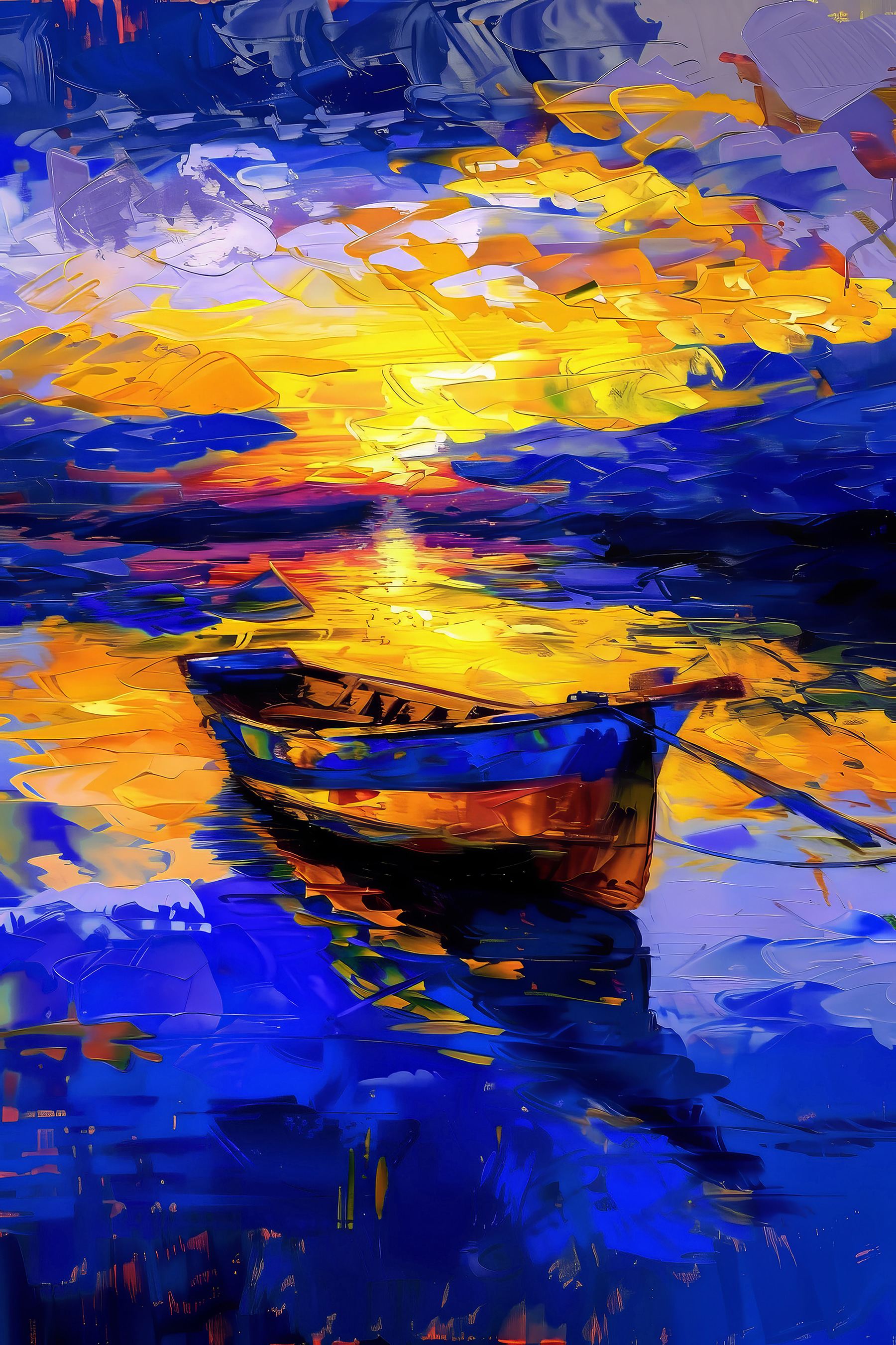 A painting of a boat in water A painting of a boat in water
