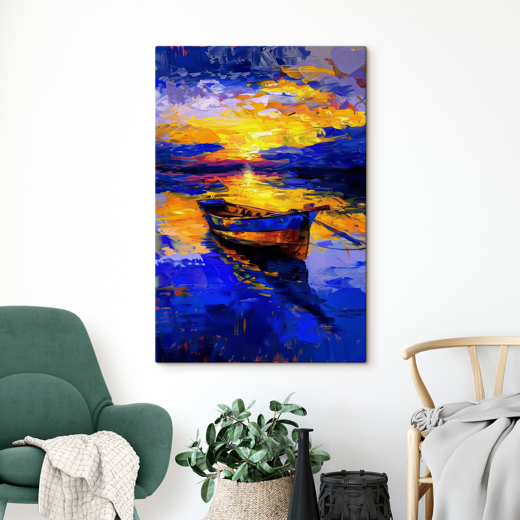 A painting of a boat in water A painting of a boat in water