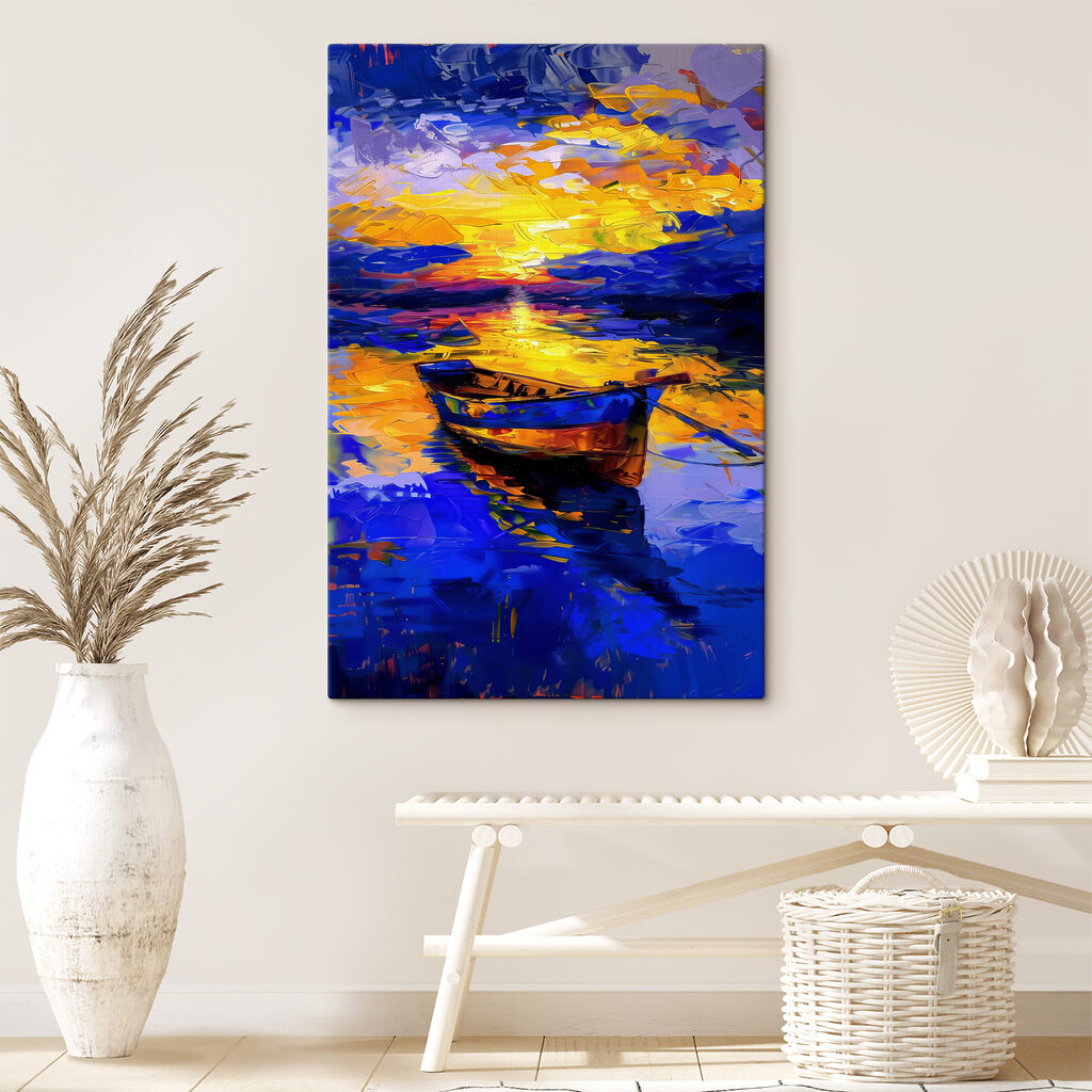 A painting of a boat in water A painting of a boat in water