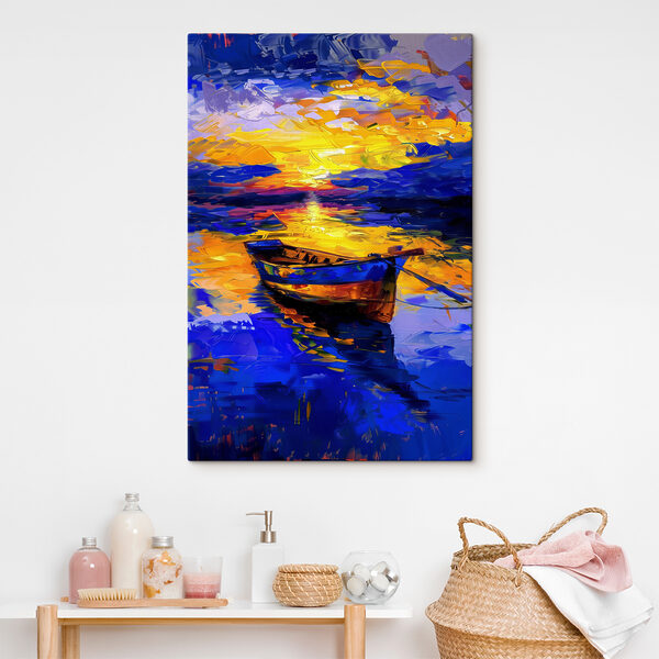 A painting of a boat in water A painting of a boat in water