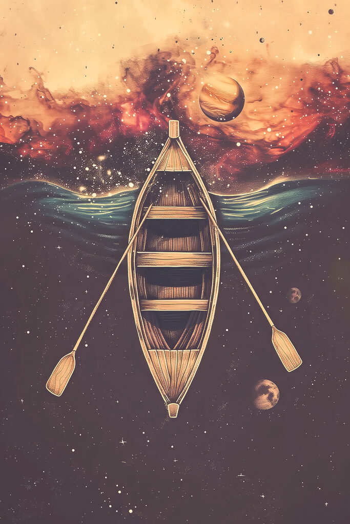 A boat with paddles in the water
