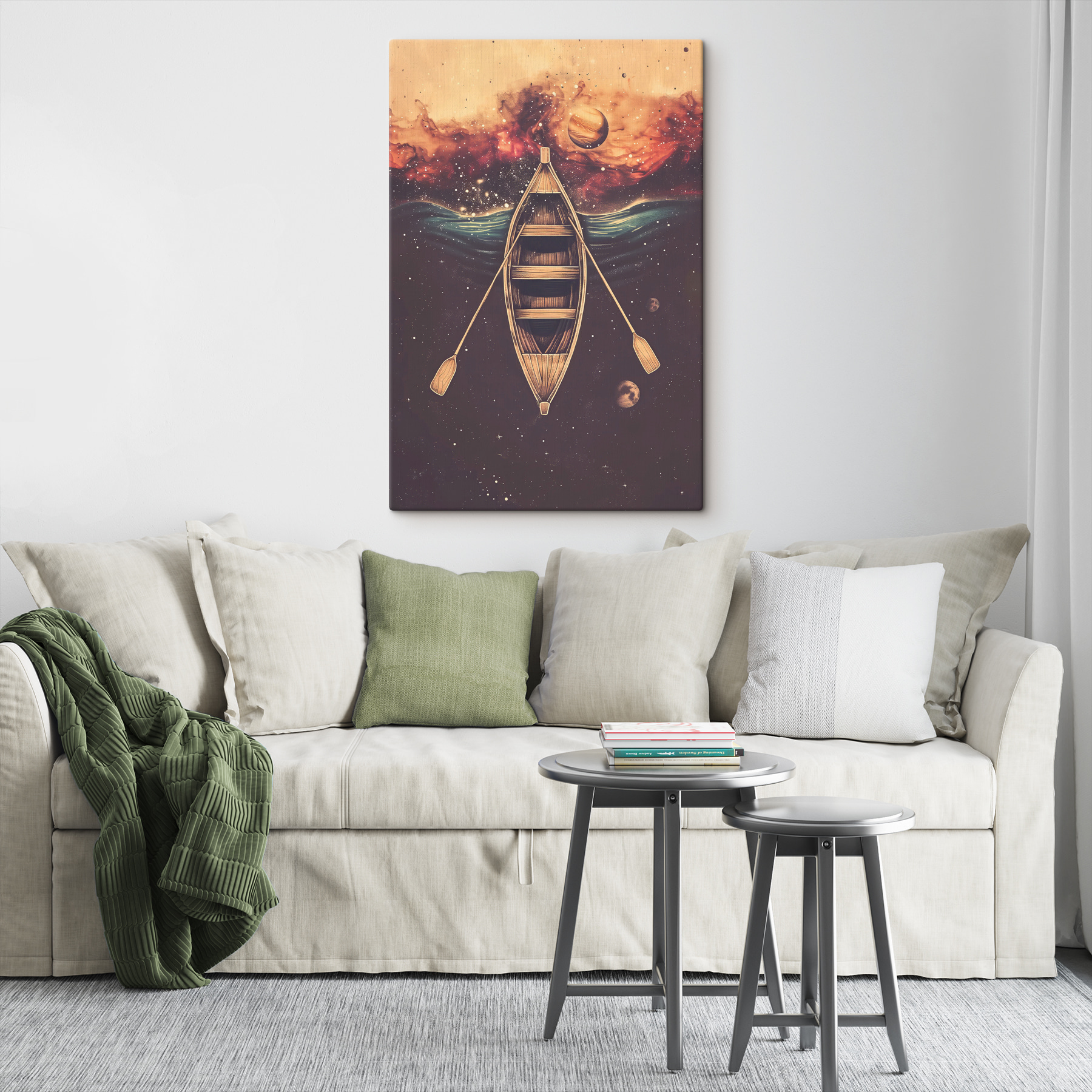 A boat with paddles in the water