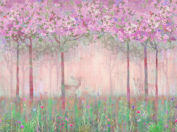 Un cuadro de un bosque con flores y árboles rosas Un cuadro de un bosque con flores y árboles rosas