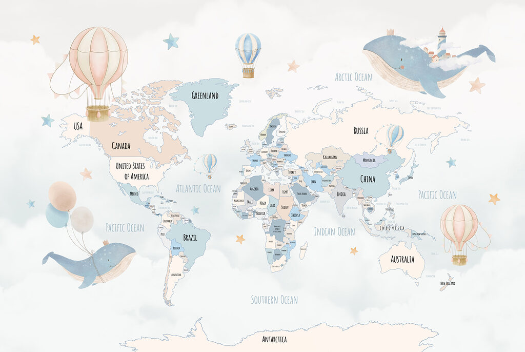 Un mapa del mundo con globos aerostáticos Un mapa del mundo con globos aerostáticos