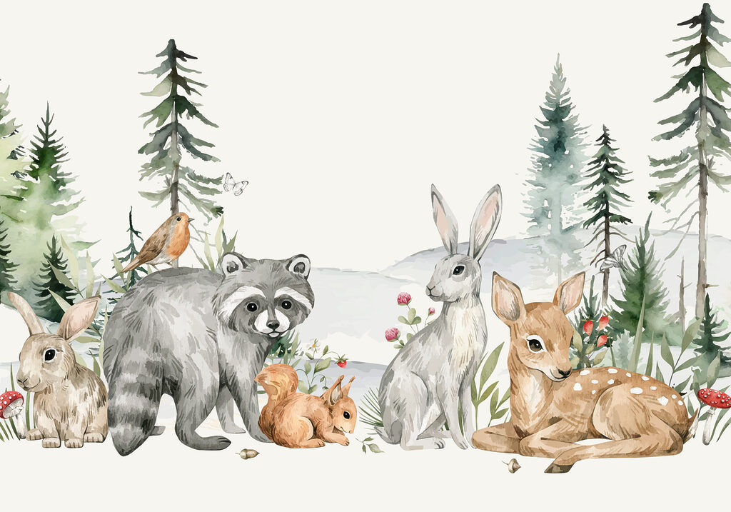 Un grupo de animales en un bosque Un grupo de animales en un bosque
