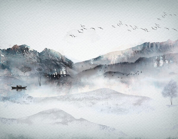 Un cuadro de una cordillera con pájaros sobrevolándola Un cuadro de una cordillera con pájaros sobrevolándola