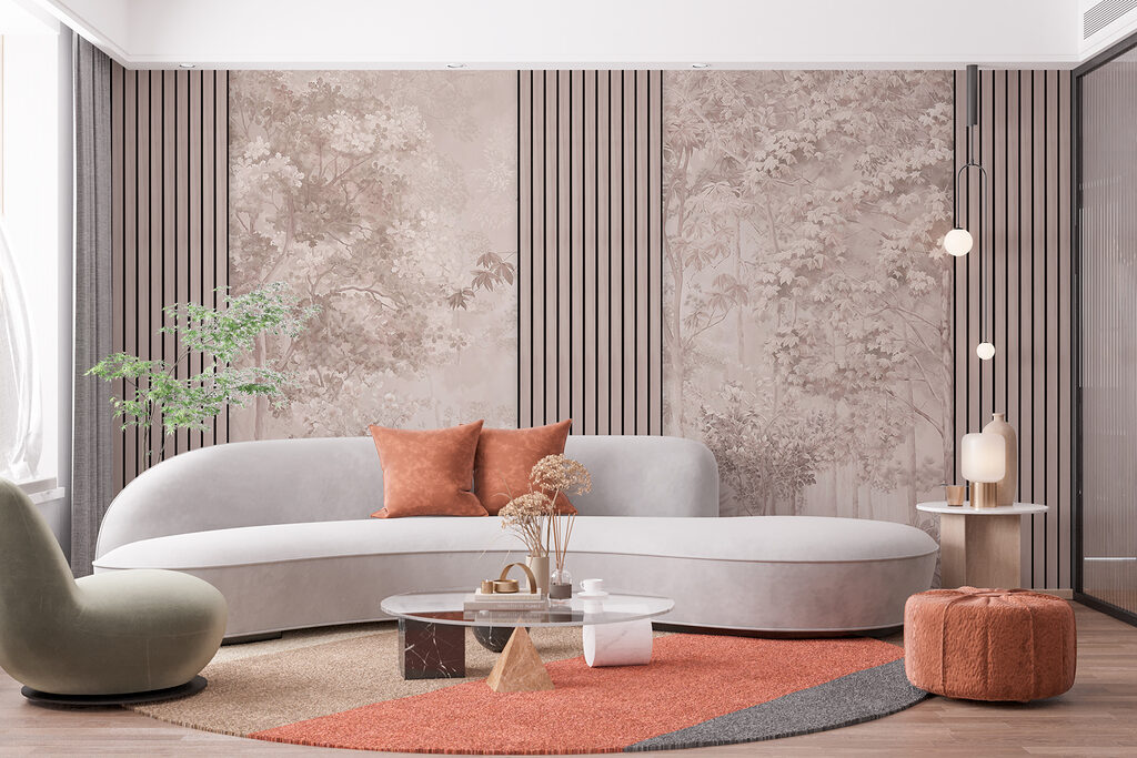 A wallpaper with trees and flowers