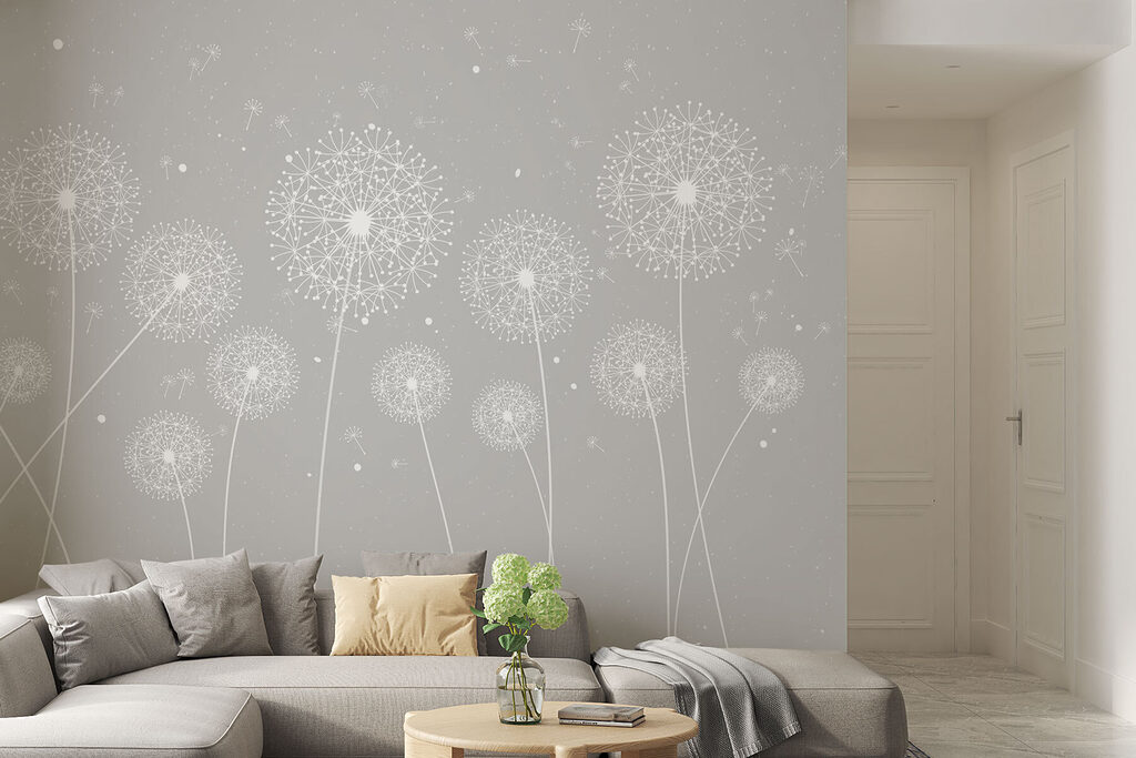 A white dandelions on a grey background