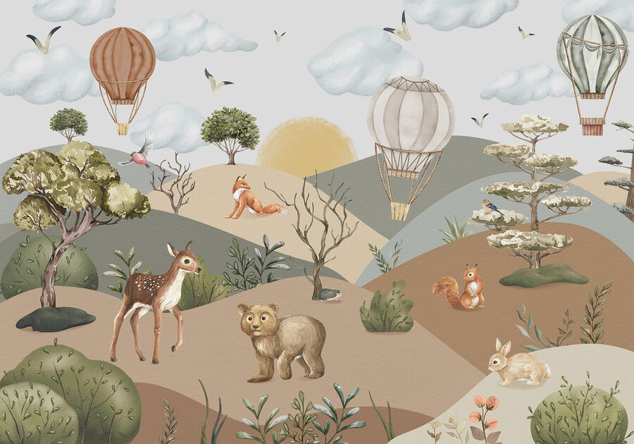 Un paisaje con animales y globos aerostáticos