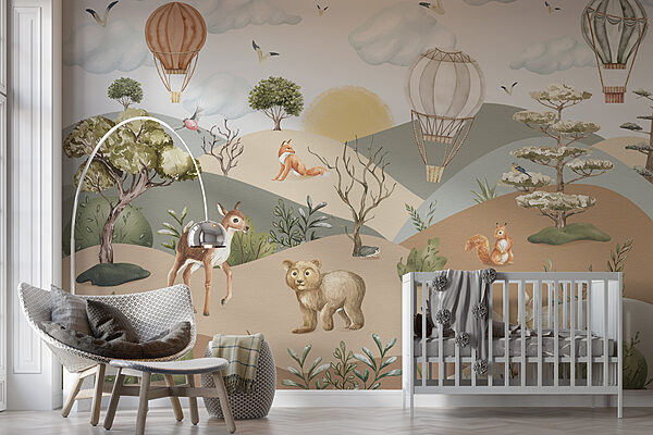 Un paisaje con animales y globos aerostáticos Un paisaje con animales y globos aerostáticos