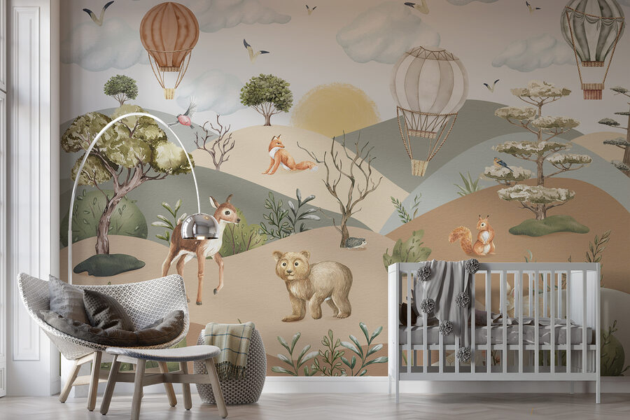 Un paisaje con animales y globos aerostáticos