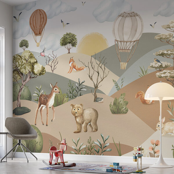 Un paisaje con animales y globos aerostáticos Un paisaje con animales y globos aerostáticos