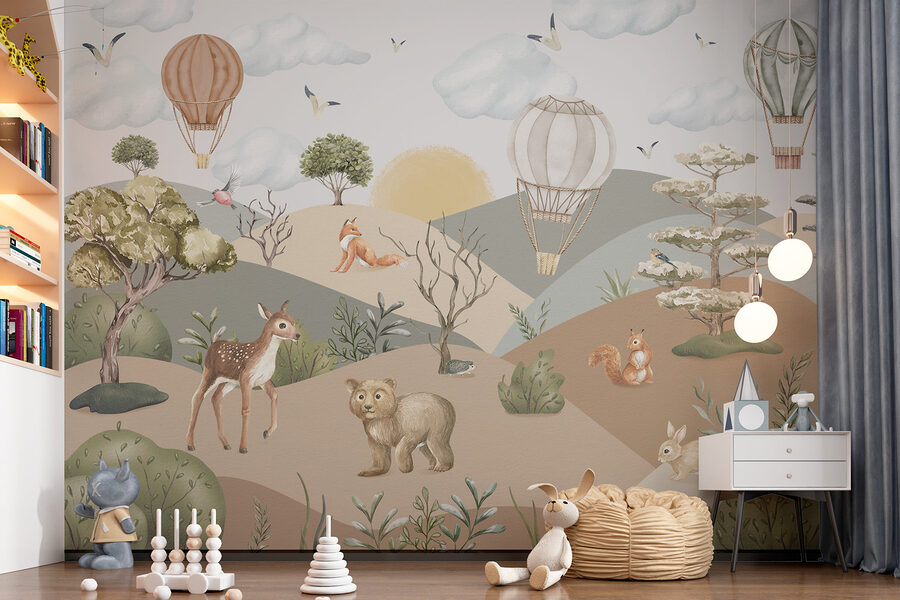 Un paisaje con animales y globos aerostáticos