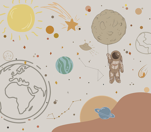 Una caricatura de un astronauta sosteniendo un planeta en el espacio Una caricatura de un astronauta sosteniendo un planeta en el espacio