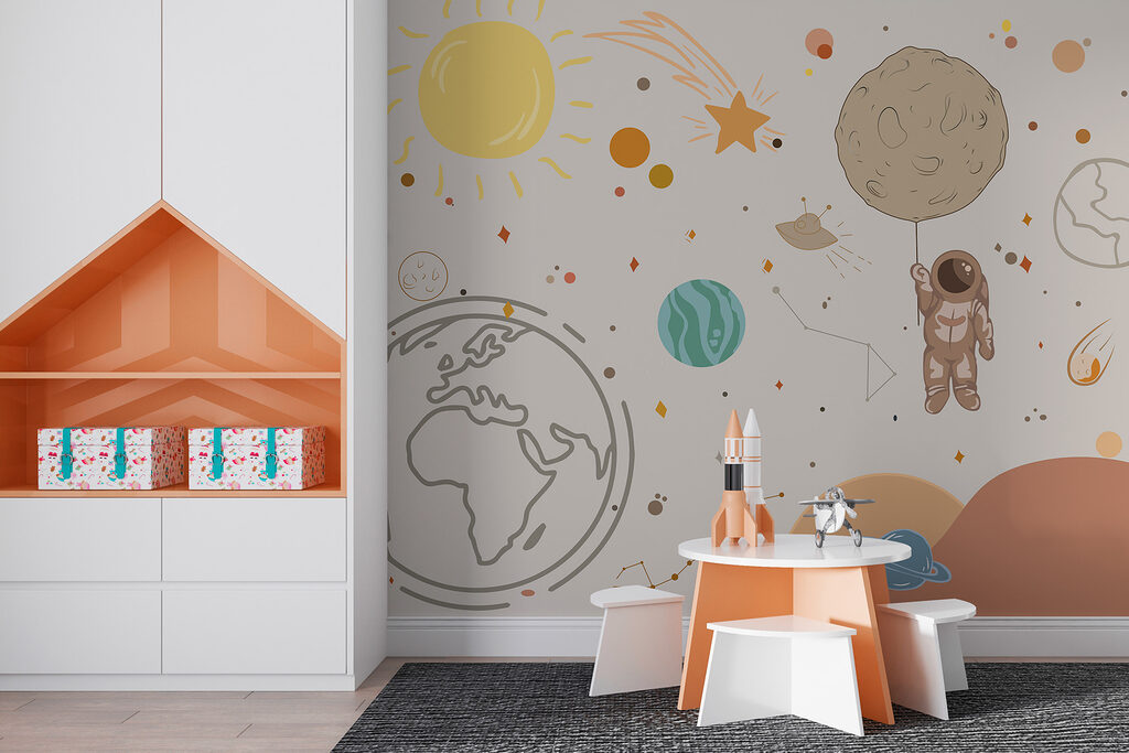 A cartoon of an astronaut holding a planet in space A cartoon of an astronaut holding a planet in space