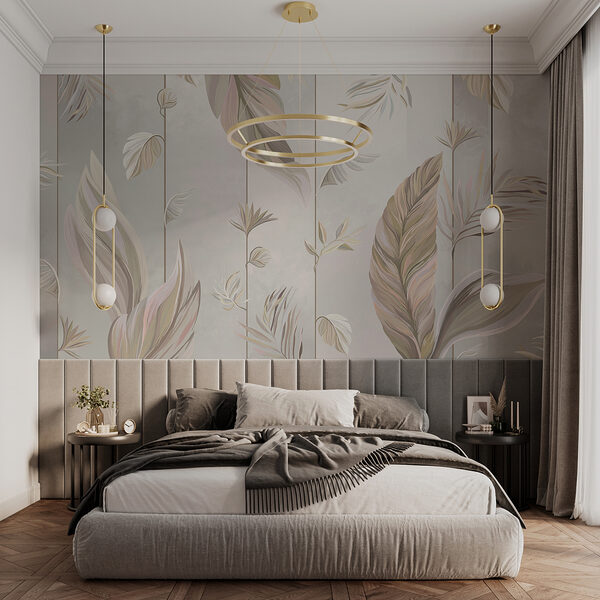 Un papel pintado con hojas y flores Un papel pintado con hojas y flores