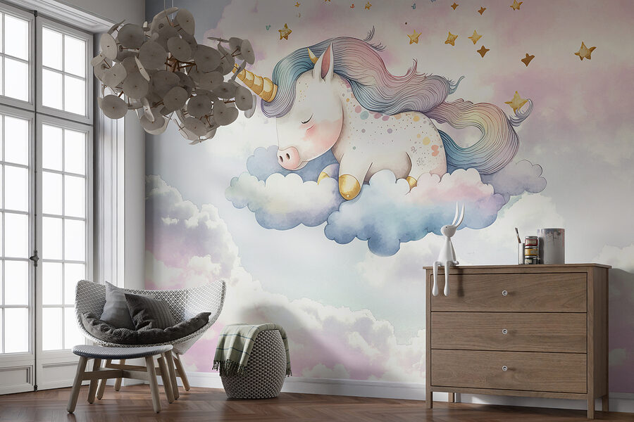 Un unicornio durmiendo en las nubes