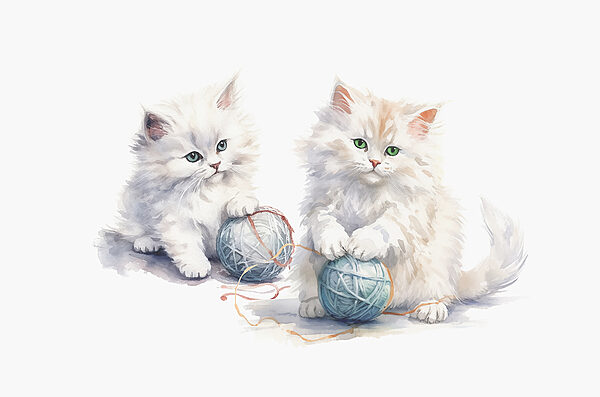Acuarela de dos gatitos jugando con hilo Acuarela de dos gatitos jugando con hilo