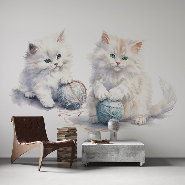Acuarela de dos gatitos jugando con hilo Acuarela de dos gatitos jugando con hilo