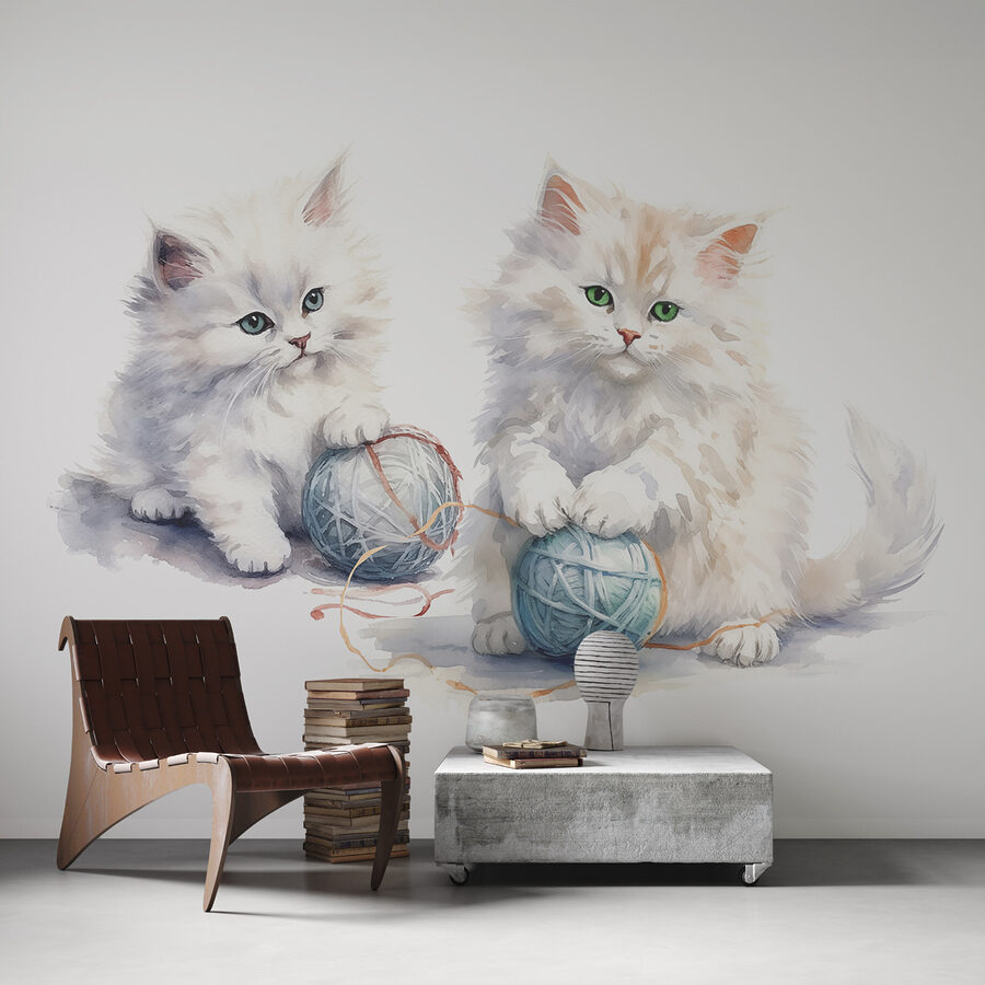 Acuarela de dos gatitos jugando con hilo