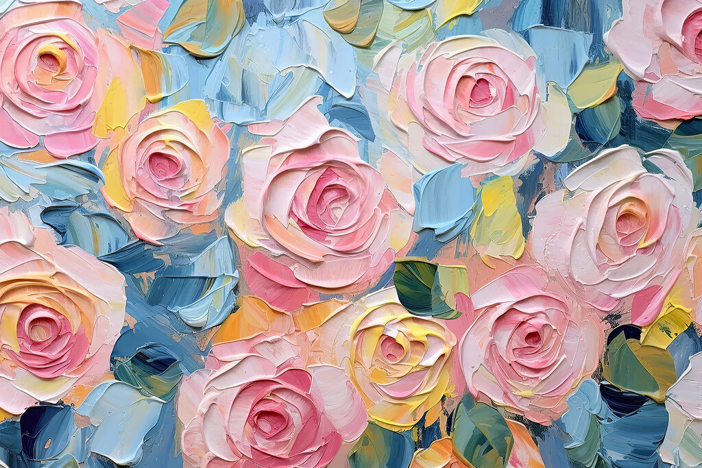 A painting of flowers and leaves