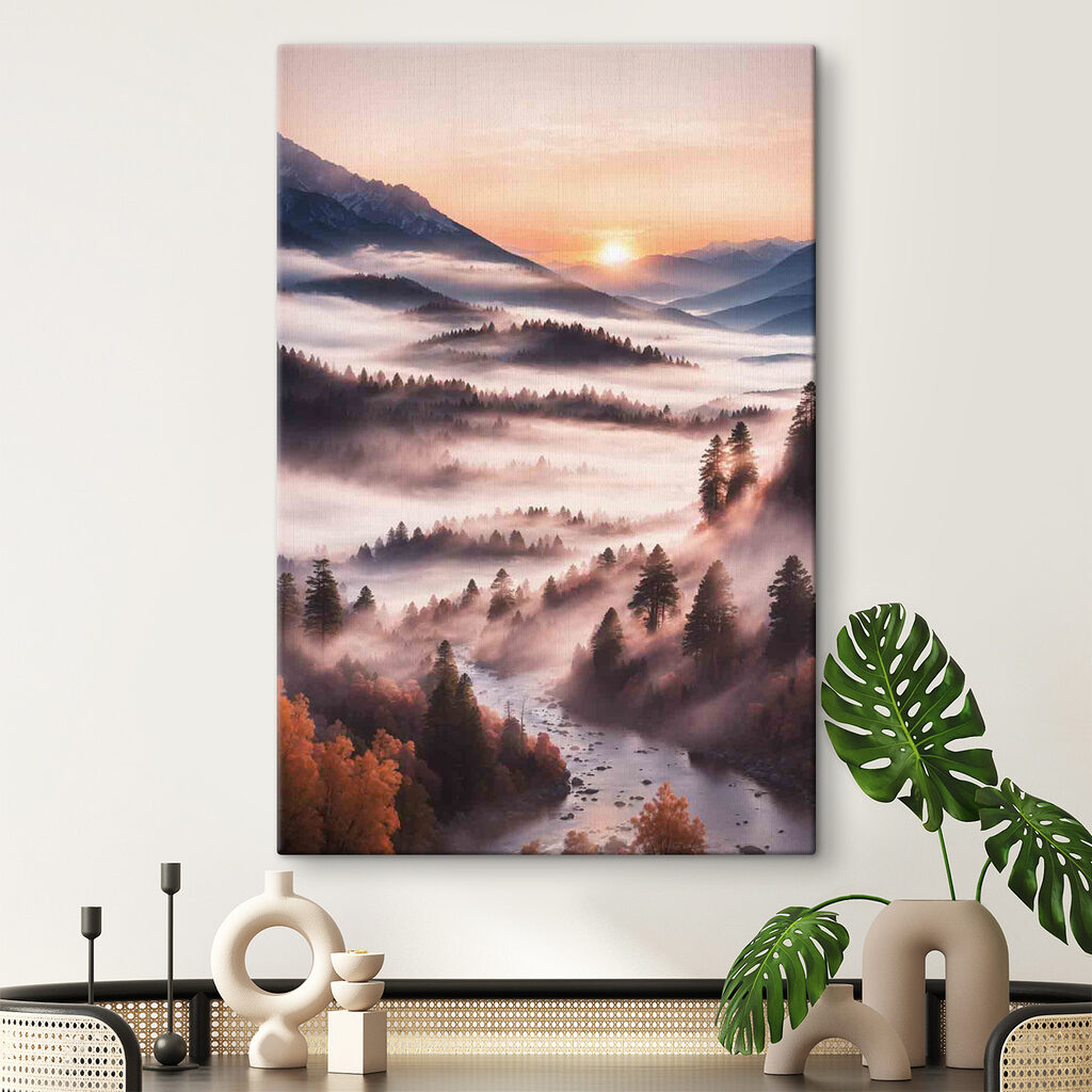 A valley with trees and fog