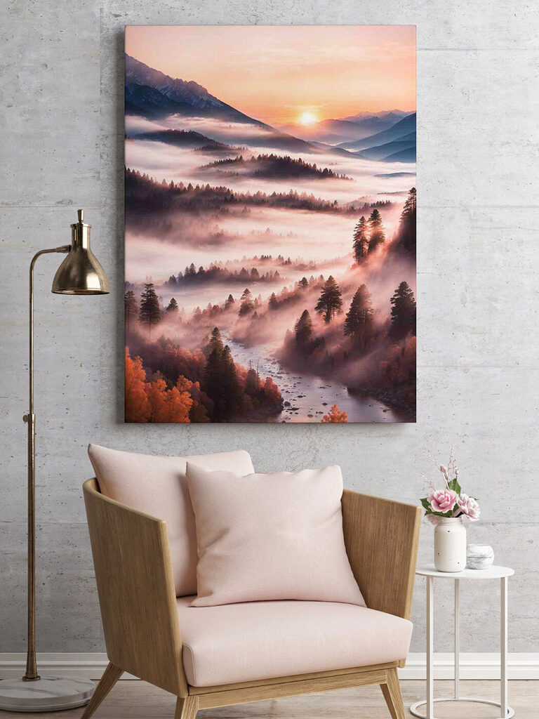 A valley with trees and fog